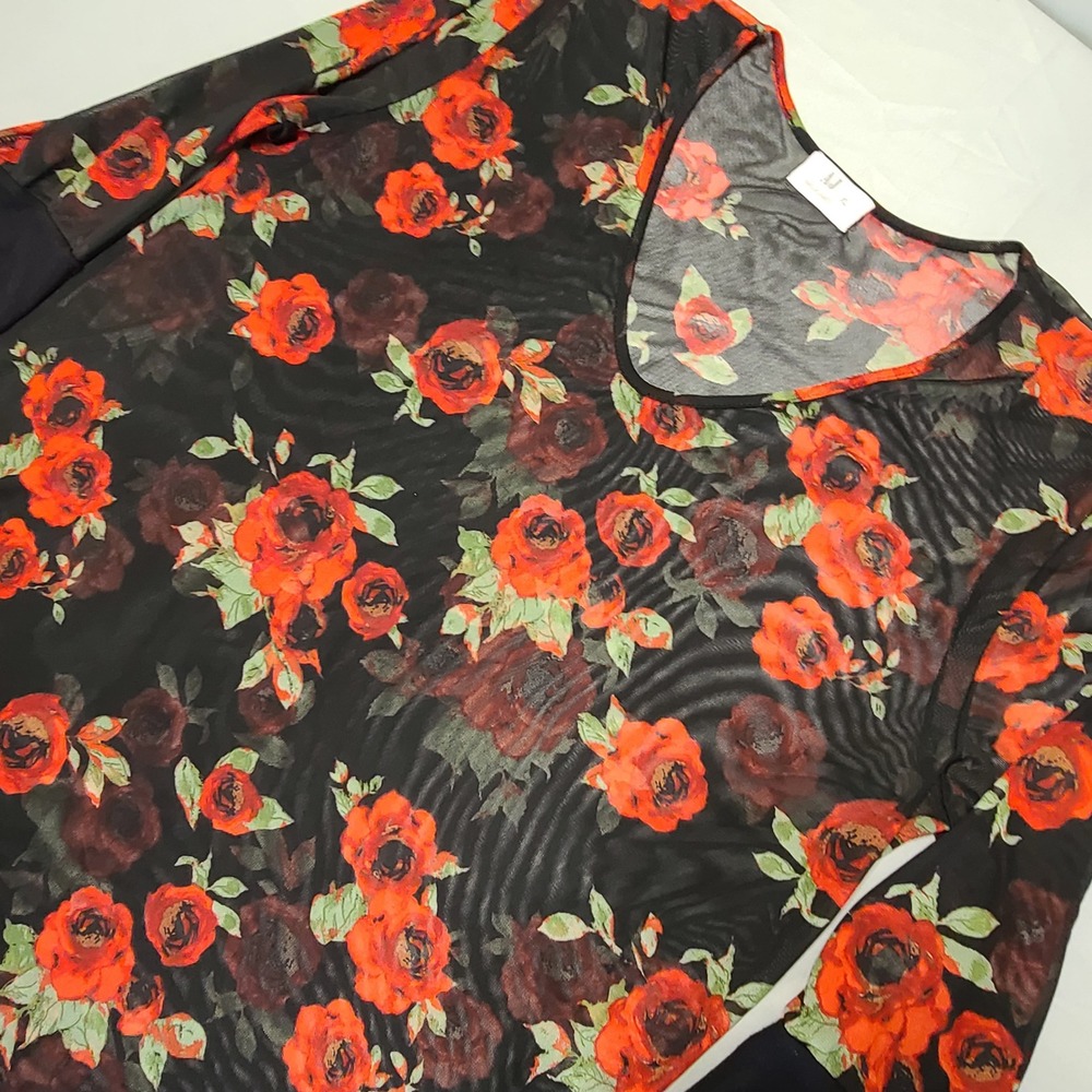 Amelia James Mesh Top‎ Womens XL Black Red Rose Floral  Whimsigoth  Grunge Sheer